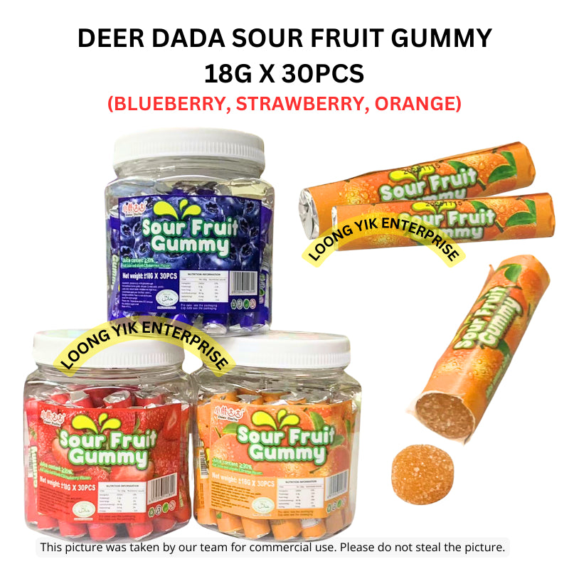 DEER DADA SOUR FRUIT GUMMY 18G X 30PCS (BLUEBERRY, STRAWBERRY, ORANGE) HALAL