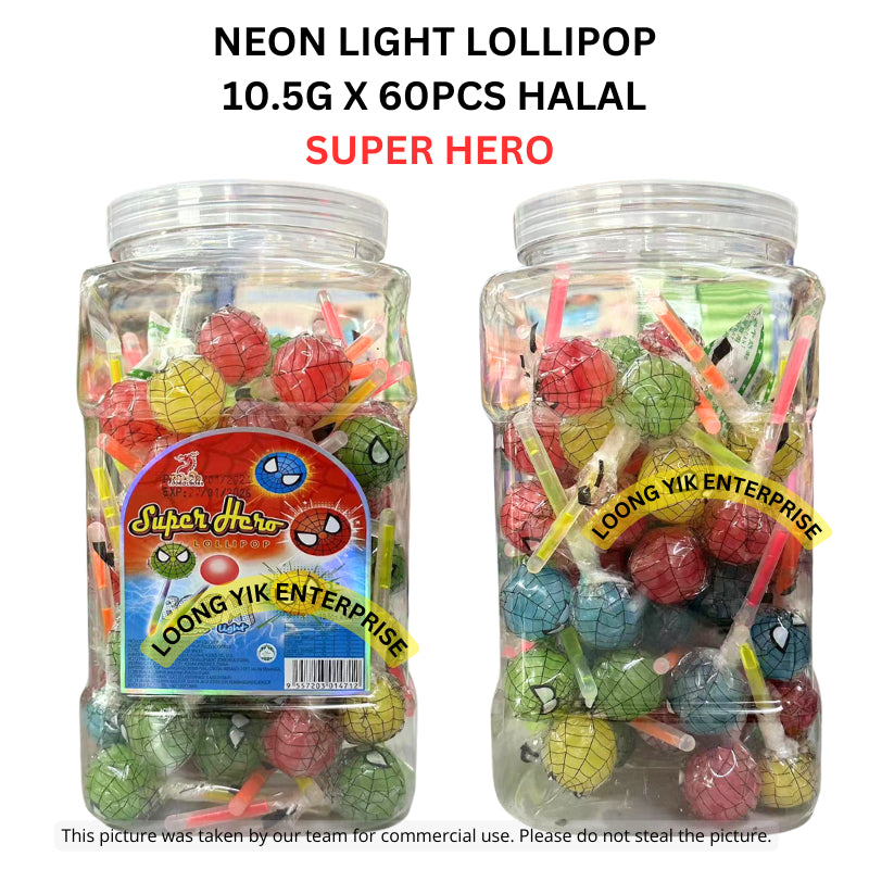 NEON LIGHT LOLLIPOP 10.5G X 60PCS EYEBALL/SUPER HERO/RAINBOW HALAL