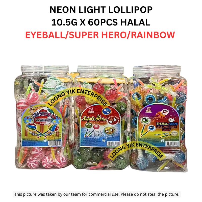 NEON LIGHT LOLLIPOP 10.5G X 60PCS EYEBALL/SUPER HERO/RAINBOW HALAL