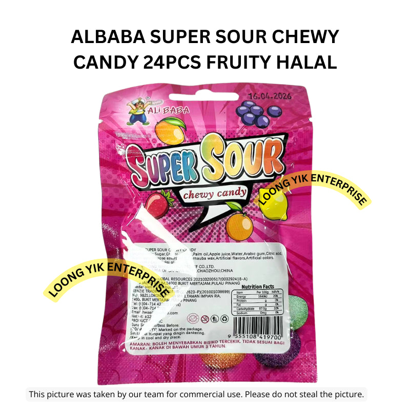 ALBABA SUPER SOUR CHEWY CANDY 24PCS FRUITY HALAL