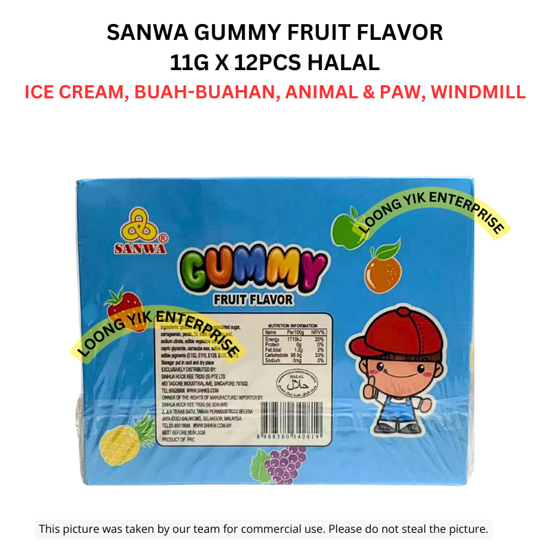 SANWA GUMMY FRUIT FLAVOR 11G X 12PCS HALAL ICE CREAM, BUAH-BUAHAN, ANIMAL & PAW, WINDMILL