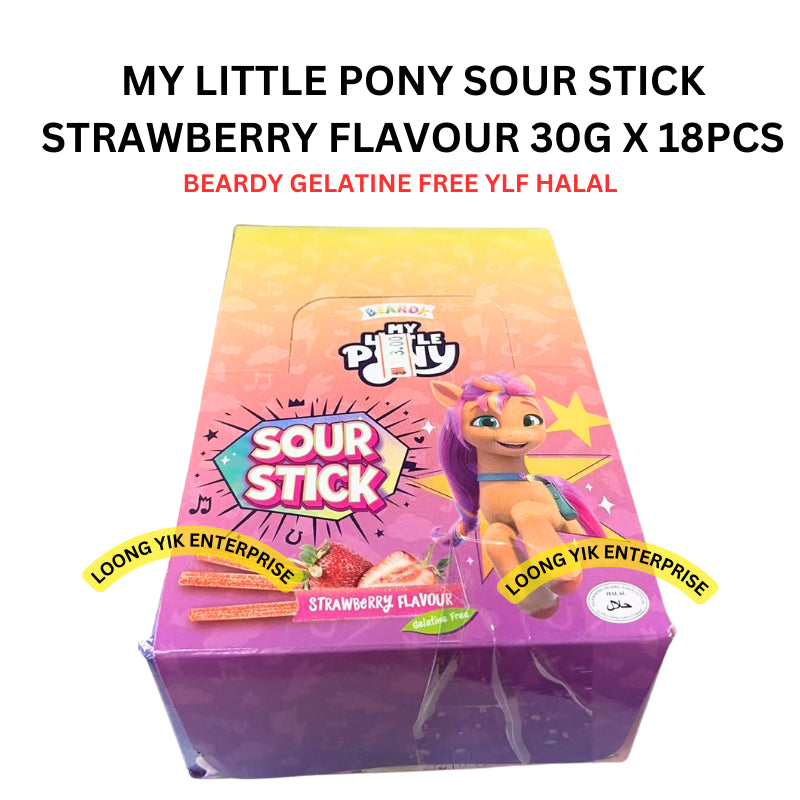 MY LITTLE PONY SOUR STICK STRAWBERRY FLAVOUR 30G X 18PCS BEARDY GELATINE FREE YLG HALAL