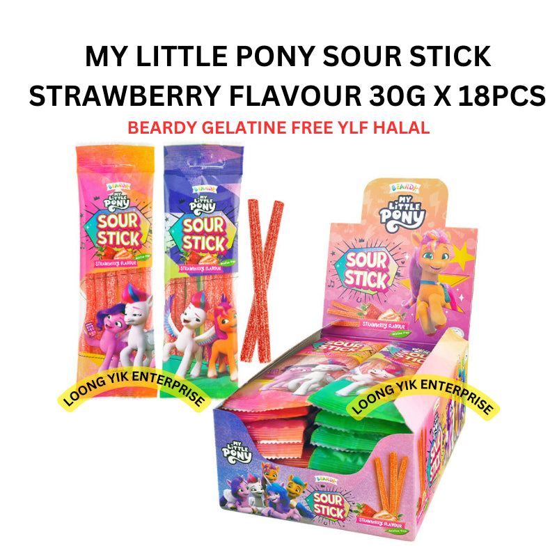 MY LITTLE PONY SOUR STICK STRAWBERRY FLAVOUR 30G X 18PCS BEARDY GELATINE FREE YLG HALAL