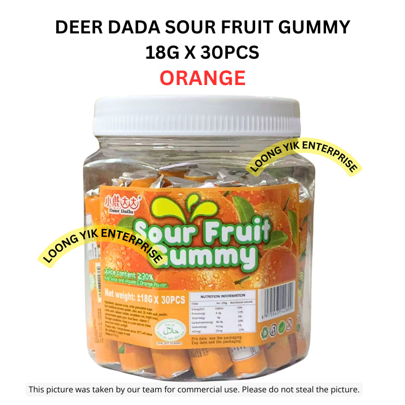 DEER DADA SOUR FRUIT GUMMY 18G X 30PCS (BLUEBERRY, STRAWBERRY, ORANGE) HALAL