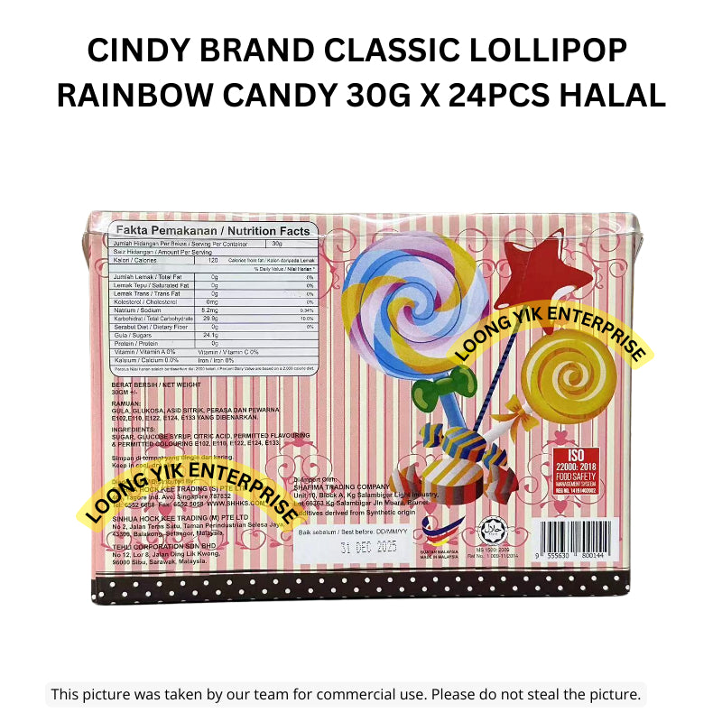 CINDY BRAND CLASSIC LOLLIPOP RAINBOW CANDY 30G X 24PCS HALAL