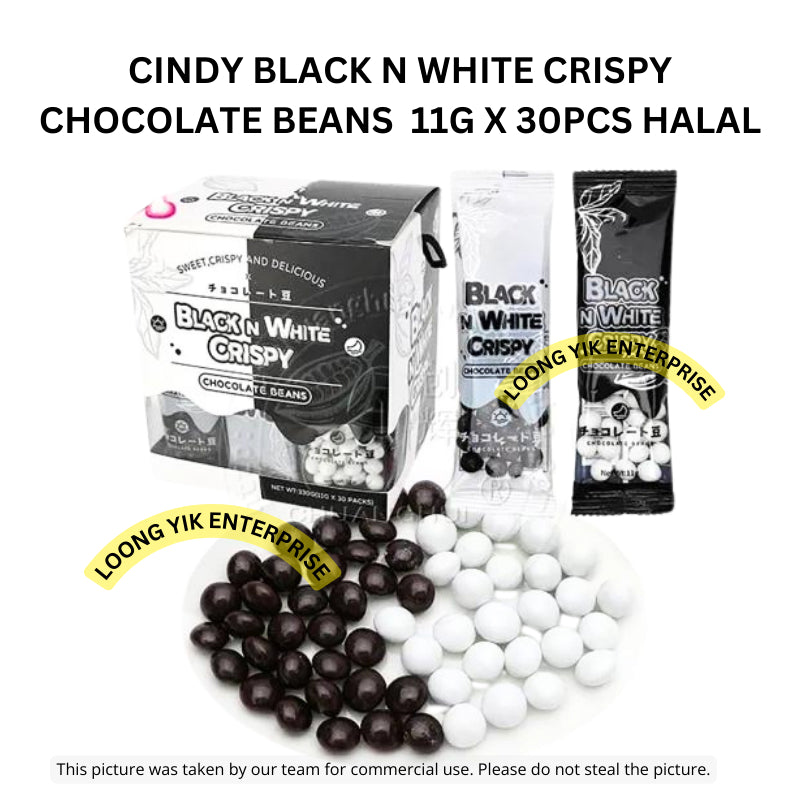 CINDY BLACK N WHITE CRISPY CHOCOLATE BEANS  11G X 30PCS HALAL