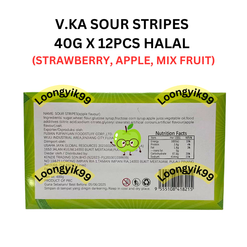 V.KA SOUR STRIPES 40G X 12PCS HALAL (STRAWBERRY, APPLE, MIX FRUIT)