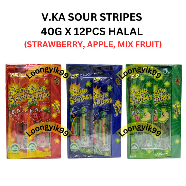 V.KA SOUR STRIPES 40G X 12PCS HALAL (STRAWBERRY, APPLE, MIX FRUIT)