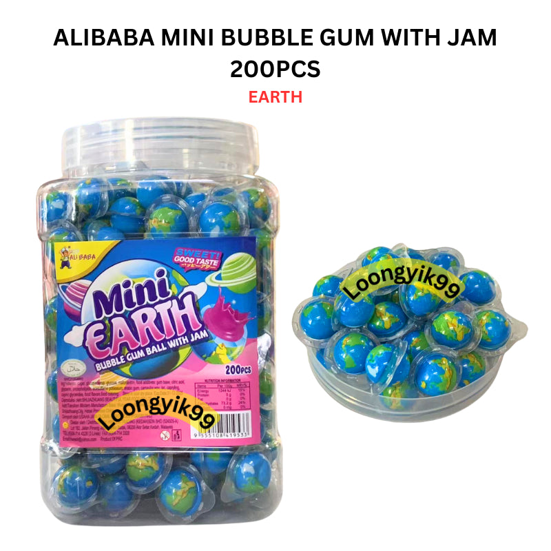 ALIBABA MINI BUBBLE GUM WITH JAM 200PCS (EARTH, STRAWBERRY, WATERMELON)