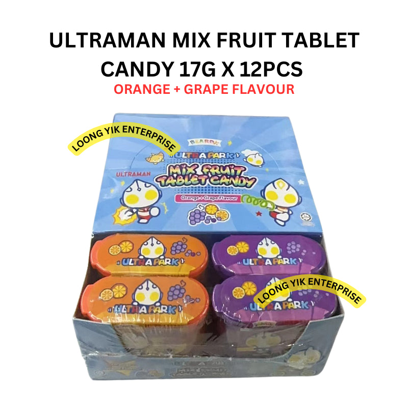 ULTRAMAN MIX FRUIT TABLET CANDY ORANGE + GRAPE FLAVOUR 17G X 12PCS BEARDY YLF HALAL