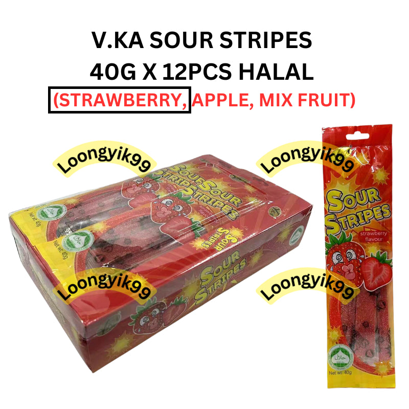 V.KA SOUR STRIPES 40G X 12PCS HALAL (STRAWBERRY, APPLE, MIX FRUIT)