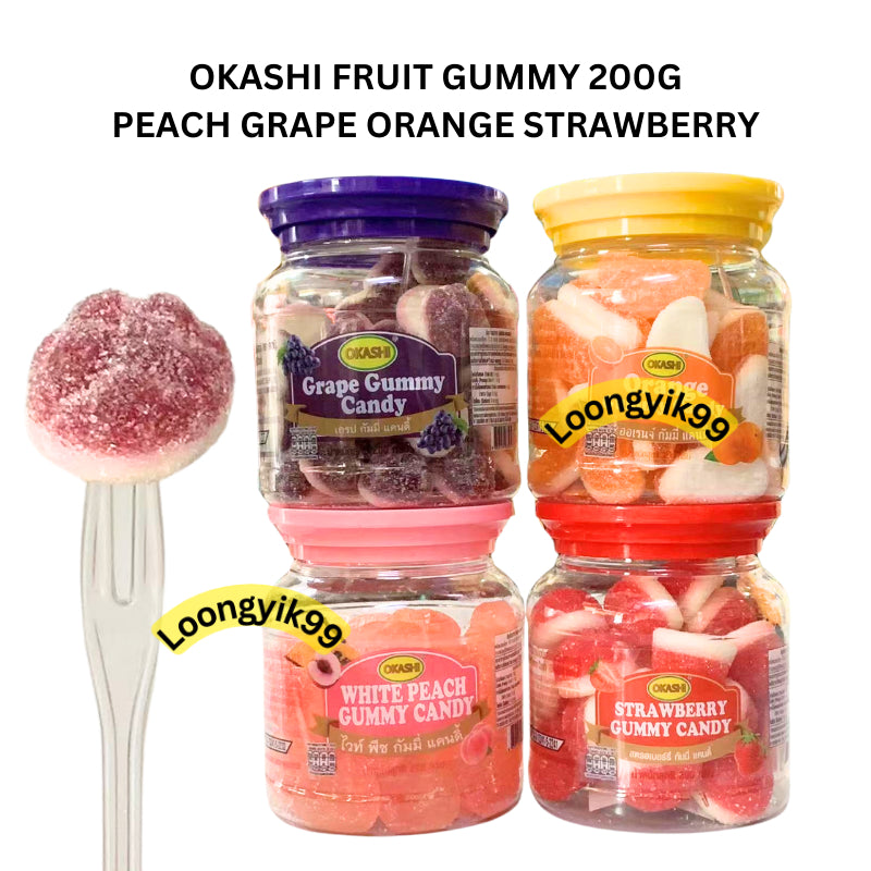 OKASHI FRUIT GUMMY 200G PEACH GRAPE ORANGE STRAWBERRY HALAL