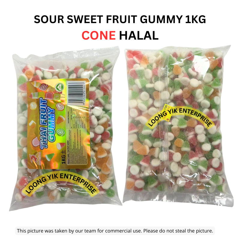 SOUR SWEET FRUIT GUMMY 1KG CONE/CUBE HALAL