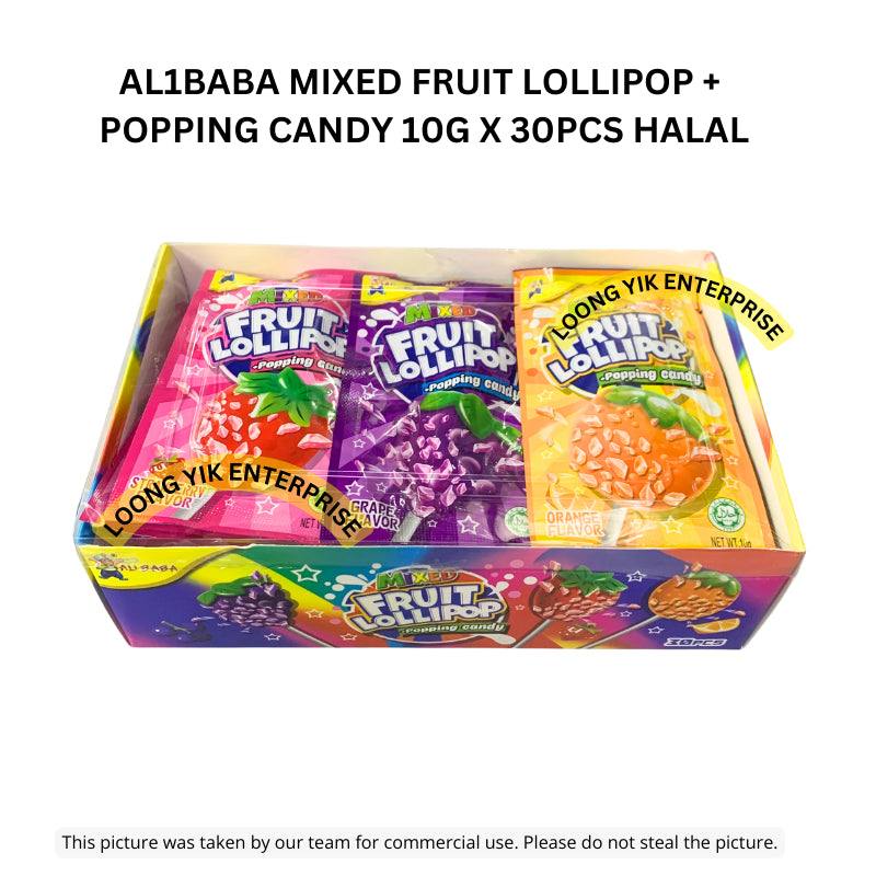 AL1BABA MIXED FRUIT LOLLIPOP + POPPING CANDY 10G X 30PCS HALAL