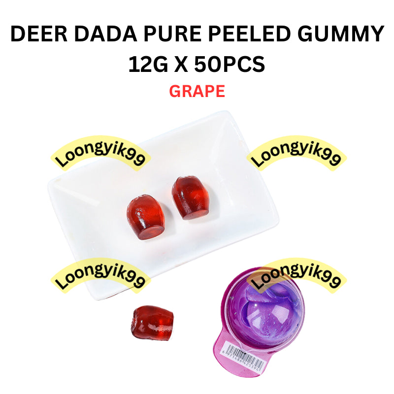 DEER DADA PURE PEELED GUMMY 12G X 50PCS (MANGO, GRRAPE, GREEN GRAPE,LITCHEE) HALAL