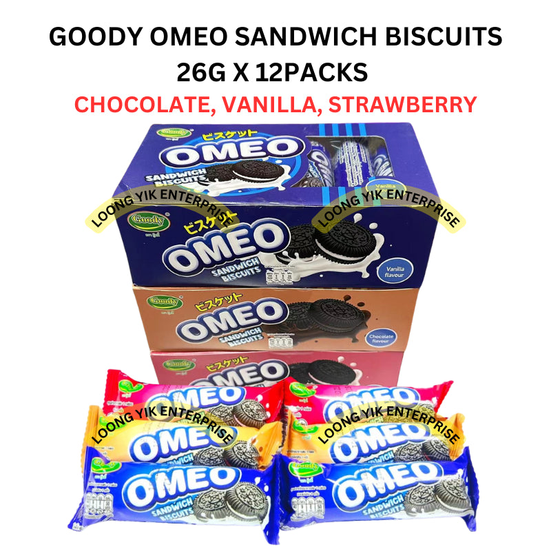 GOODY OMEO SANDWICH BISCUITS 26G X 12PACKS ( CHOCOLATE, VANILLA, STRAWBERRY )