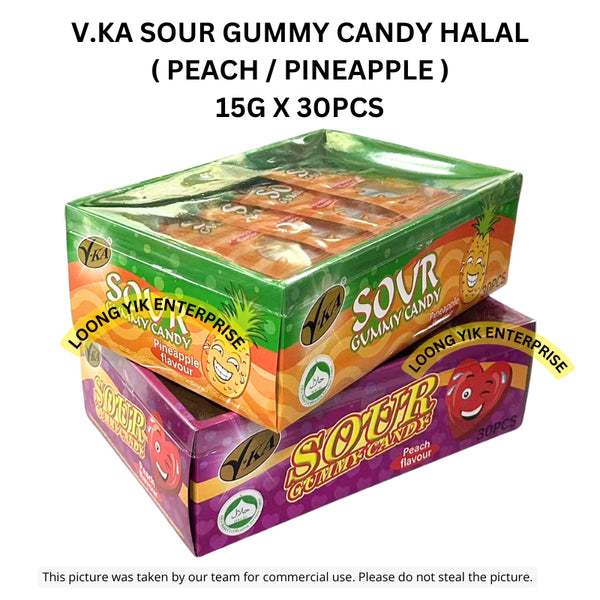 V.KA SOUR GUMMY CANDY ( PEACH / PINEAPPLE ) 15G X 30PCS HALAL (TTL4TYPE)