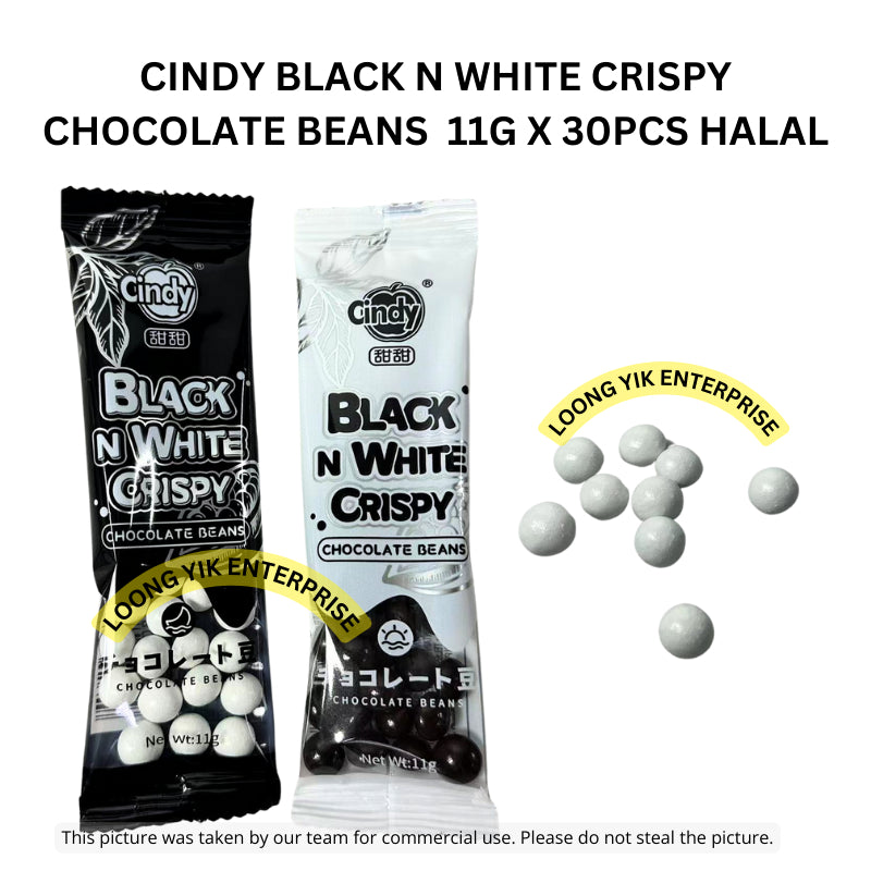 CINDY BLACK N WHITE CRISPY CHOCOLATE BEANS  11G X 30PCS HALAL