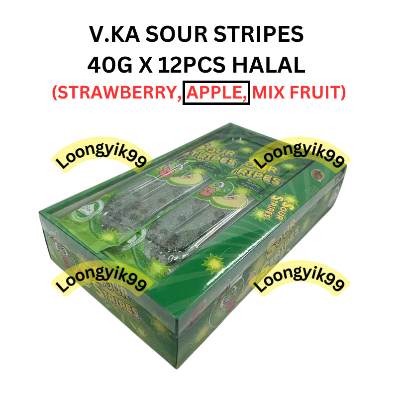 V.KA SOUR STRIPES 40G X 12PCS HALAL (STRAWBERRY, APPLE, MIX FRUIT)