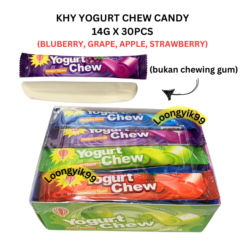 KHY YOGURT CHEW CANDY 14G X 30PCS (BLUBERRY, GRAPE, APPLE, STRAWBERRY) HALAL