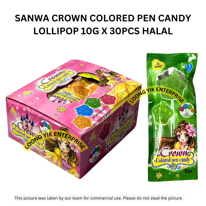 SANWA CROWN COLORED PEN CANDY LOLLIPOP 10G X 30PCS HALAL