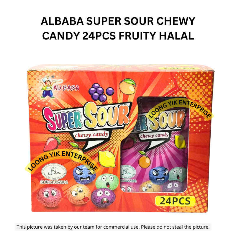 ALBABA SUPER SOUR CHEWY CANDY 24PCS FRUITY HALAL