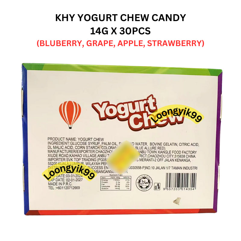 KHY YOGURT CHEW CANDY 14G X 30PCS (BLUBERRY, GRAPE, APPLE, STRAWBERRY) HALAL