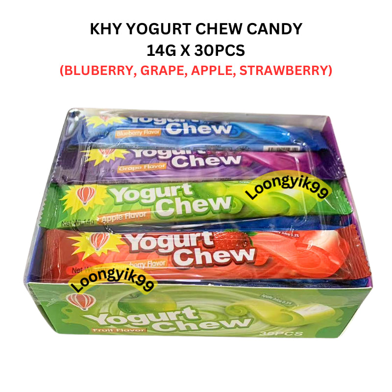 KHY YOGURT CHEW CANDY 14G X 30PCS (BLUBERRY, GRAPE, APPLE, STRAWBERRY) HALAL