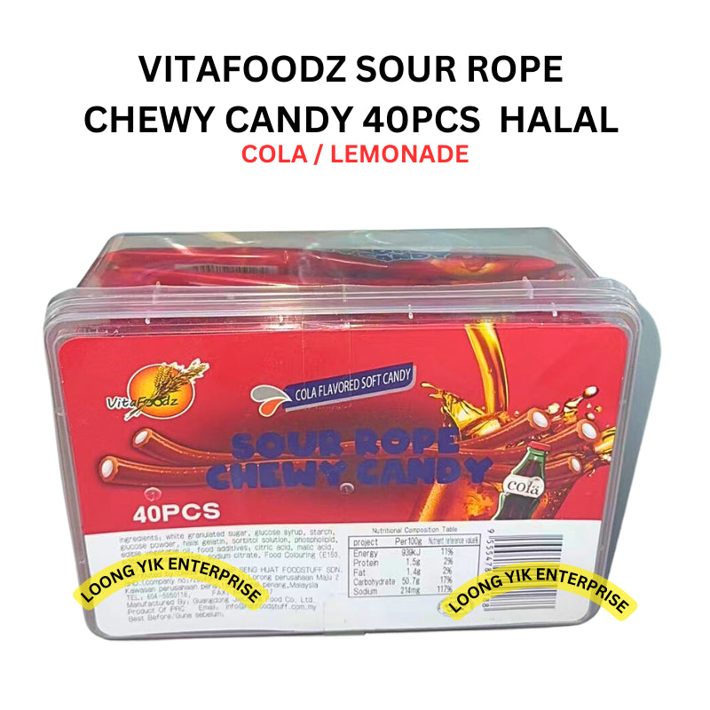 VITAFOODZ SOUR ROPE CHEWY CANDY 40PCS COLA / LEMONADE HALAL