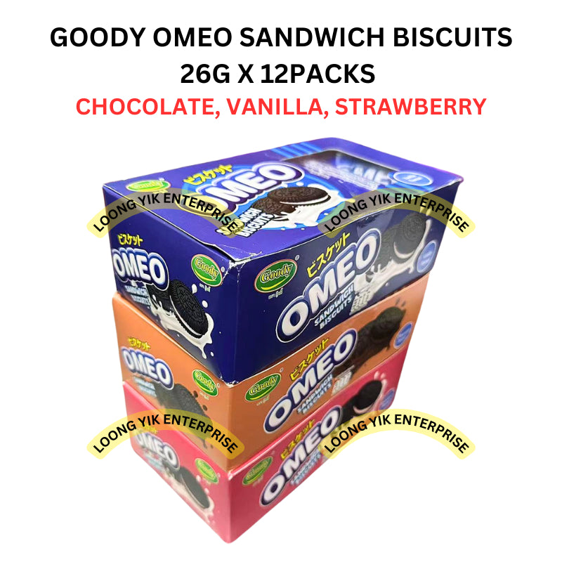 GOODY OMEO SANDWICH BISCUITS 26G X 12PACKS ( CHOCOLATE, VANILLA, STRAWBERRY )