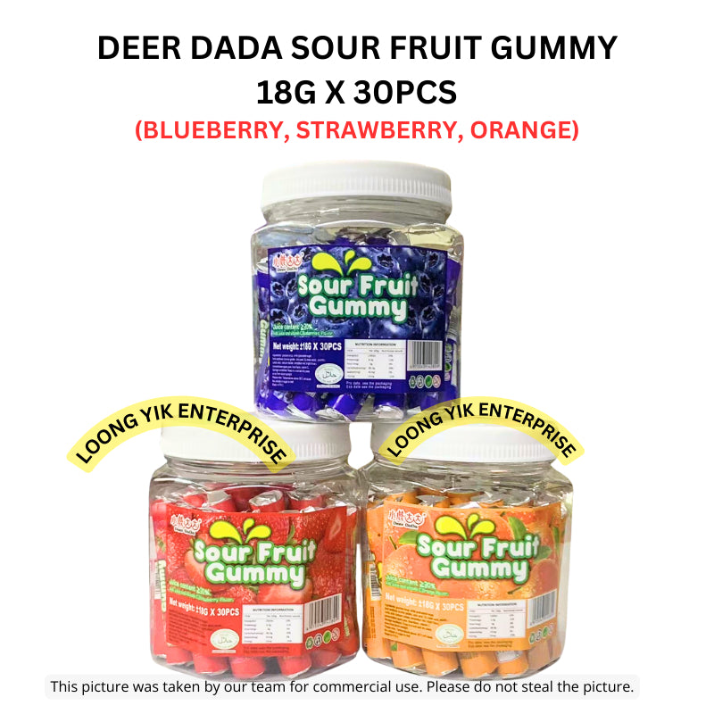 DEER DADA SOUR FRUIT GUMMY 18G X 30PCS (BLUEBERRY, STRAWBERRY, ORANGE) HALAL