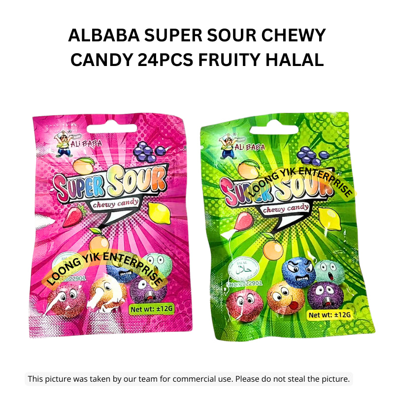 ALBABA SUPER SOUR CHEWY CANDY 24PCS FRUITY HALAL