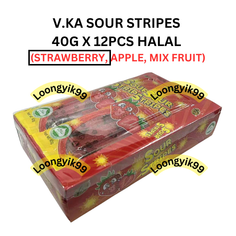 V.KA SOUR STRIPES 40G X 12PCS HALAL (STRAWBERRY, APPLE, MIX FRUIT)