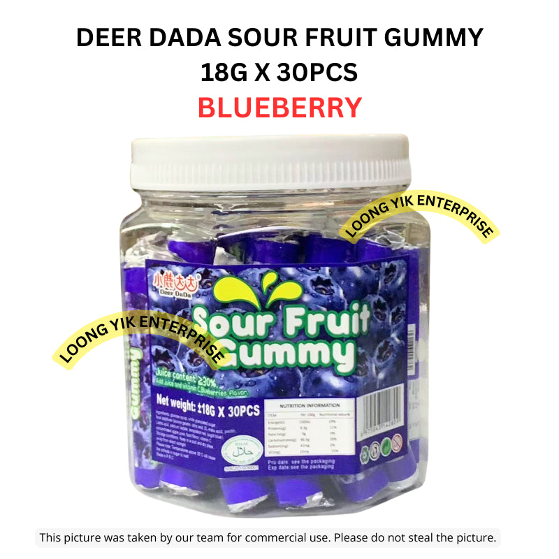 DEER DADA SOUR FRUIT GUMMY 18G X 30PCS (BLUEBERRY, STRAWBERRY, ORANGE) HALAL