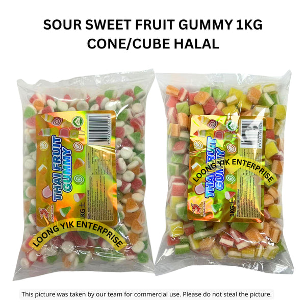 SOUR SWEET FRUIT GUMMY 1KG CONE/CUBE HALAL