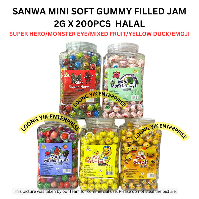 SANWA MINI SOFT GUMMY CANDY 2G X 200PCS HALAL SUPER HERO/MONSTER EYE/MIXED FRUIT/YELLOW DUCK HALAL