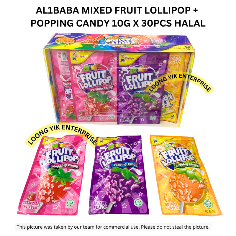 AL1BABA MIXED FRUIT LOLLIPOP + POPPING CANDY 10G X 30PCS HALAL