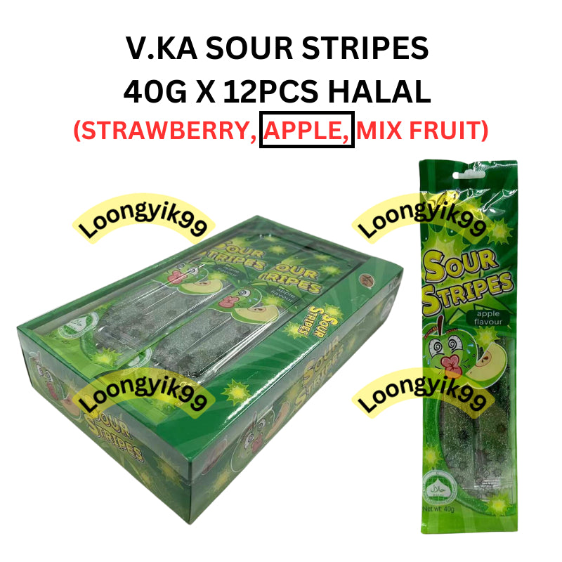 V.KA SOUR STRIPES 40G X 12PCS HALAL (STRAWBERRY, APPLE, MIX FRUIT)