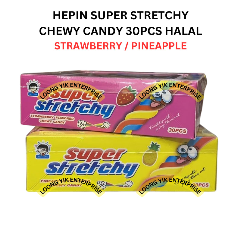 HEPIN SUPER STRETCHY CHEWY CANDY 30PCS HALAL STRAWBERRY / PINEAPPLE