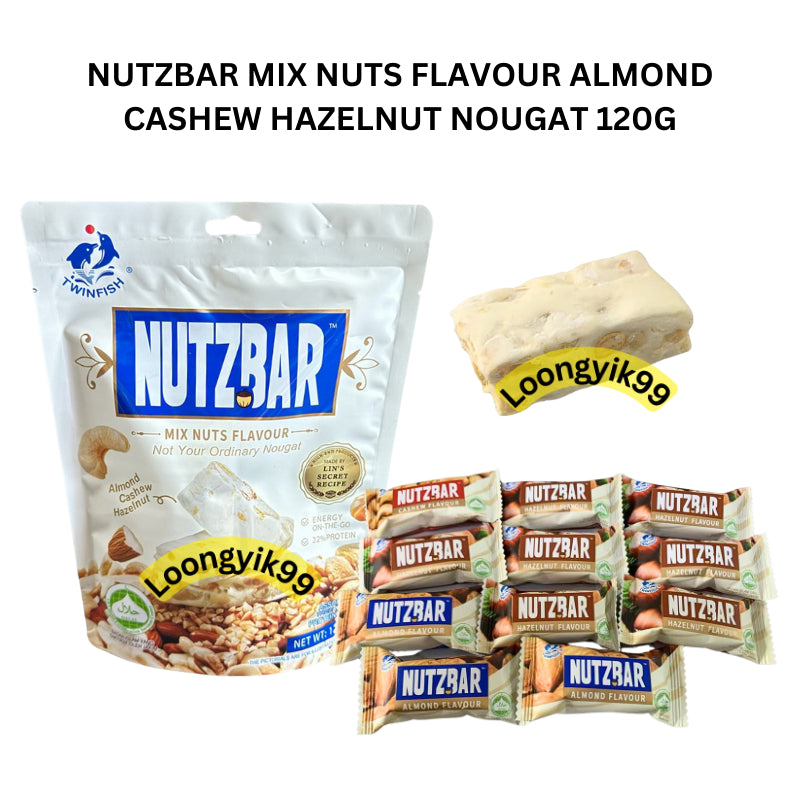 NUTZBAR MIX NUTS FLAVOUR ALMOND CASHEW HAZELNUT NOUGAT 120G HALAL