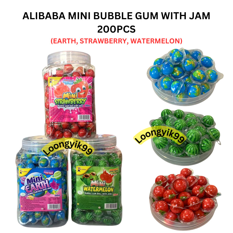 ALIBABA MINI BUBBLE GUM WITH JAM 200PCS (EARTH, STRAWBERRY, WATERMELON)