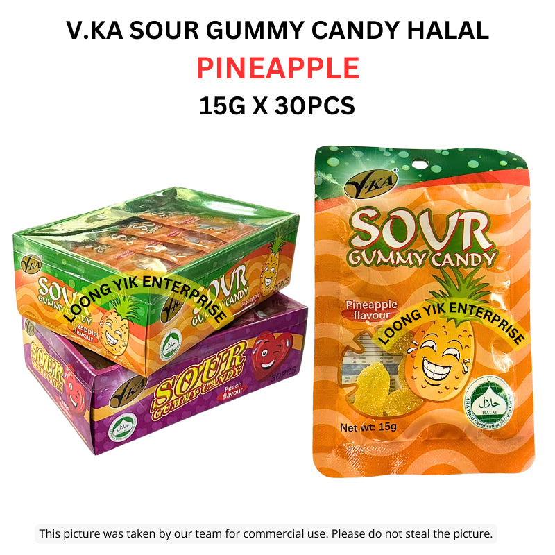 V.KA SOUR GUMMY CANDY ( PEACH / PINEAPPLE ) 15G X 30PCS HALAL (TTL4TYPE)