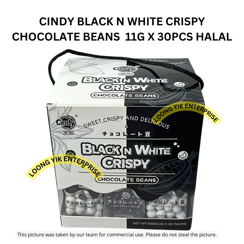 CINDY BLACK N WHITE CRISPY CHOCOLATE BEANS  11G X 30PCS HALAL