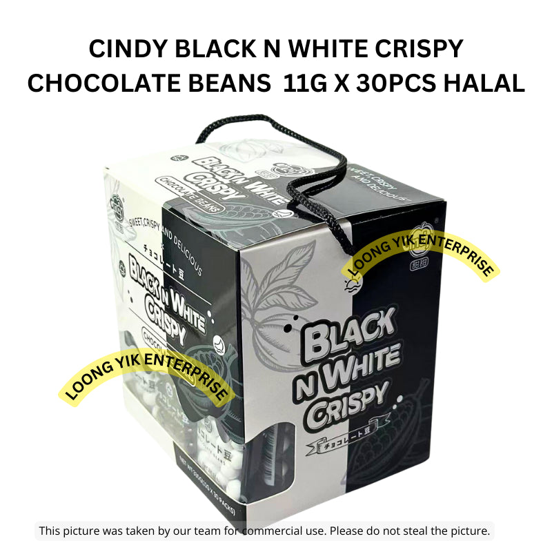 CINDY BLACK N WHITE CRISPY CHOCOLATE BEANS  11G X 30PCS HALAL