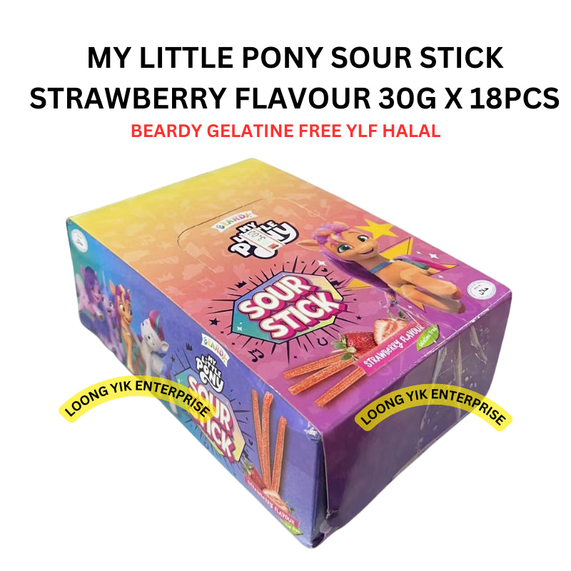 MY LITTLE PONY SOUR STICK STRAWBERRY FLAVOUR 30G X 18PCS BEARDY GELATINE FREE YLG HALAL