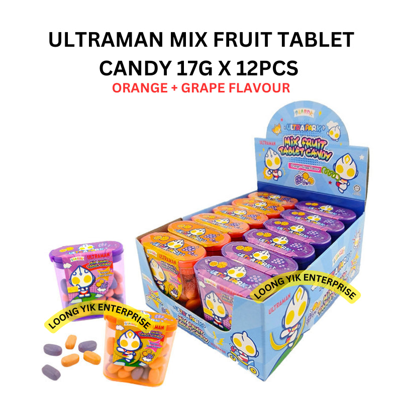 ULTRAMAN MIX FRUIT TABLET CANDY ORANGE + GRAPE FLAVOUR 17G X 12PCS BEARDY YLF HALAL