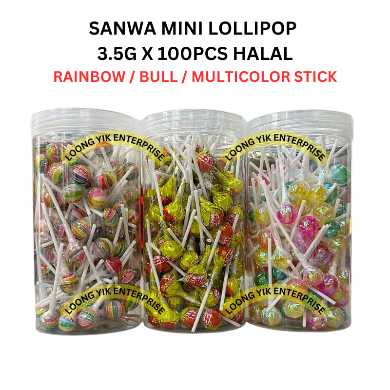 SANWA MINI LOLLIPOP RAINBOW / BULL / MULTICOLOR STICK 3.5G X 100PCS HALAL