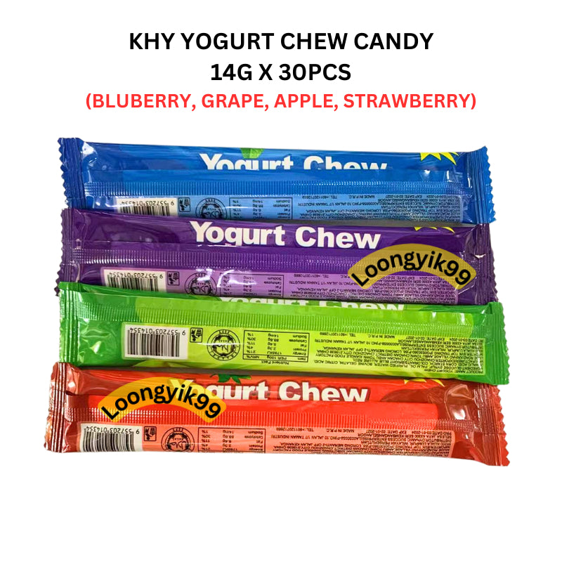 KHY YOGURT CHEW CANDY 14G X 30PCS (BLUBERRY, GRAPE, APPLE, STRAWBERRY) HALAL