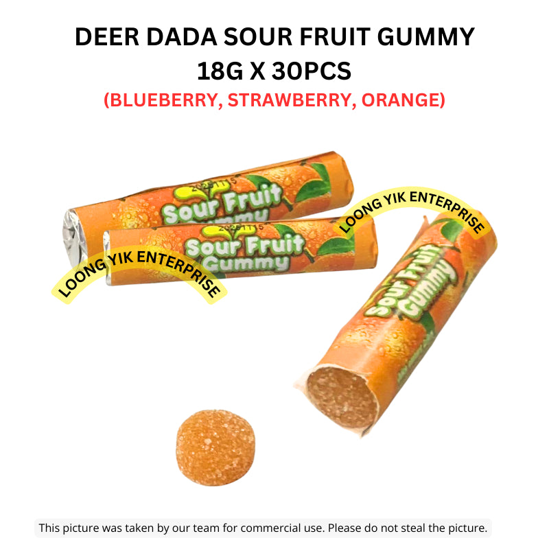 DEER DADA SOUR FRUIT GUMMY 18G X 30PCS (BLUEBERRY, STRAWBERRY, ORANGE) HALAL