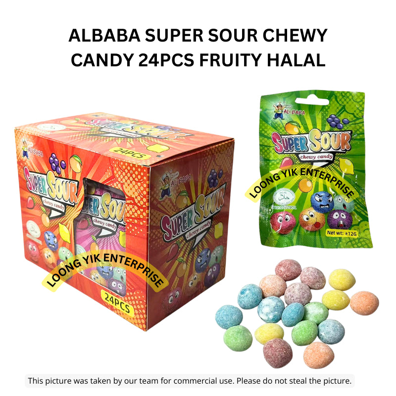 ALBABA SUPER SOUR CHEWY CANDY 24PCS FRUITY HALAL